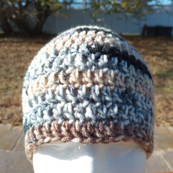 Men's Skully Beanie Hat Handmade Naturals Striped Crochet Hiking Outdoors L - Picture 3 of 9